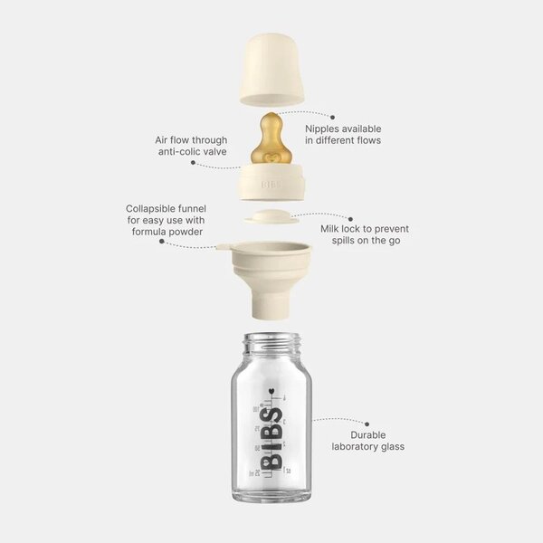 Bibs glass feeding bottle 225ml, Ivory - Bibs