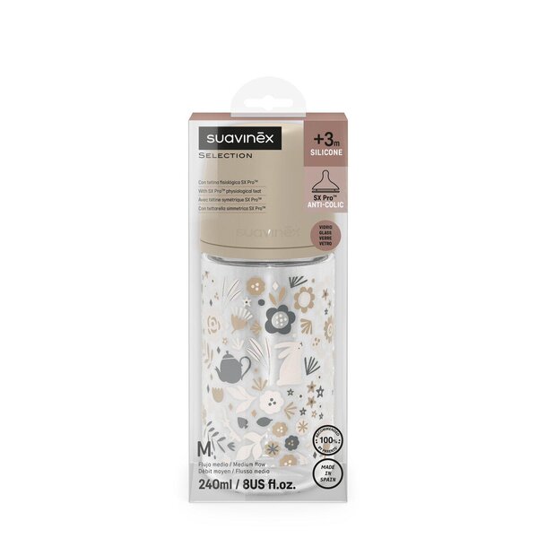 Suavinex Glass Bottle Slow flow 240ml Wonderland, Beige - Suavinex