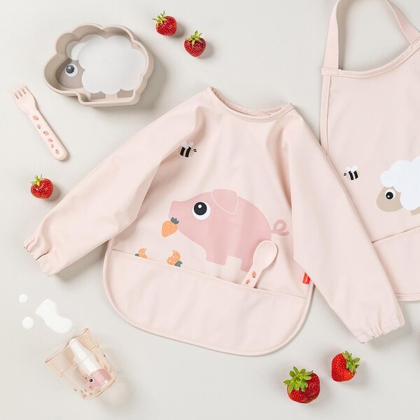Done by Deer Sleeved pocket bib, Tiny farm Powder - Done by Deer